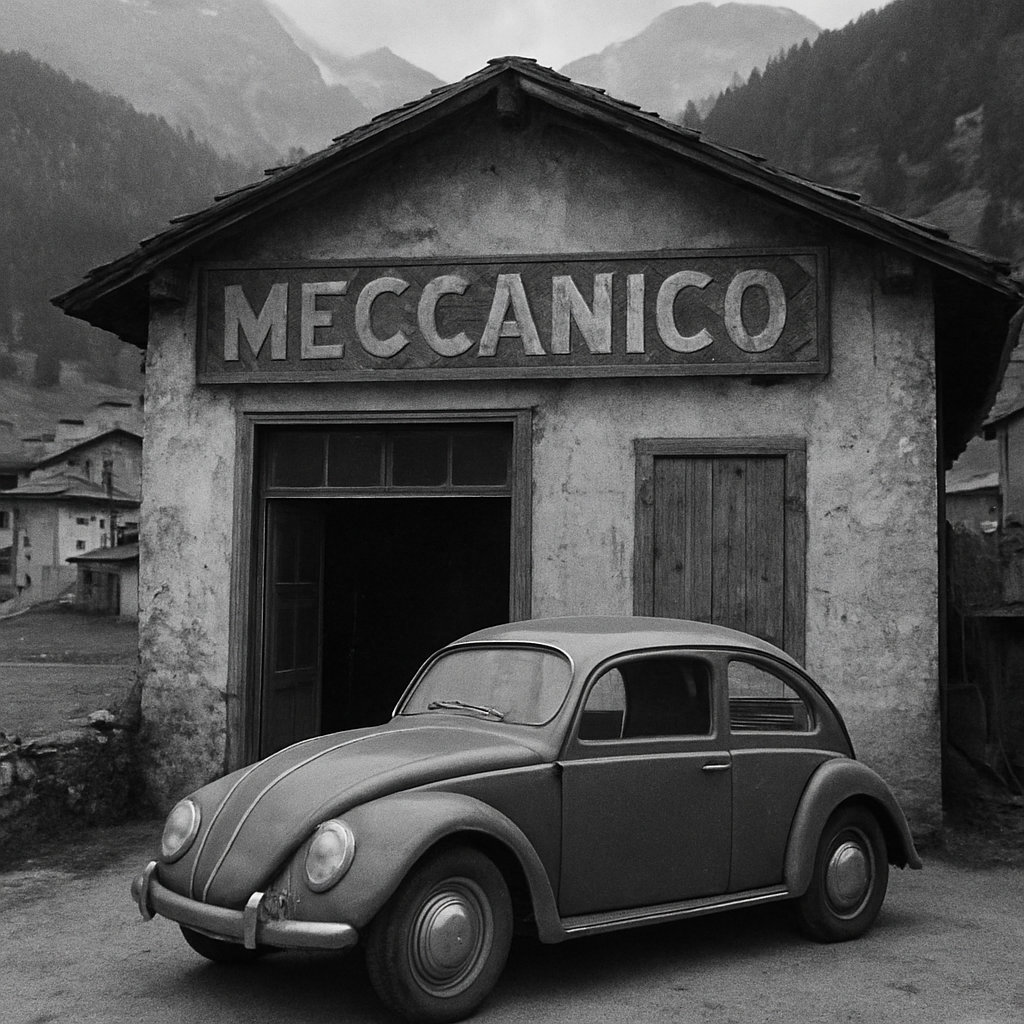 La prima officina Volkswagen Cola nel 1958 a Bormio