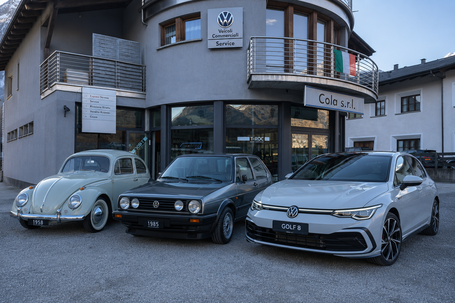 Tre generazioni Volkswagen davanti alla concessionaria Cola Srl: Maggiolino del 1958, Golf del 1985 e Golf 8