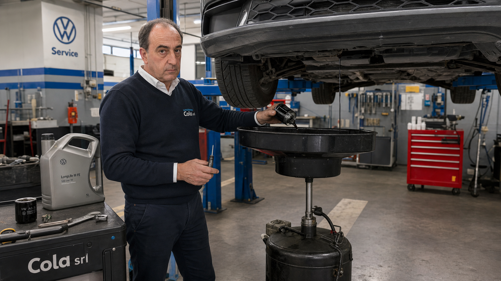 Tecnico Cola Srl esegue tagliando e cambio olio con olio Volkswagen LongLife