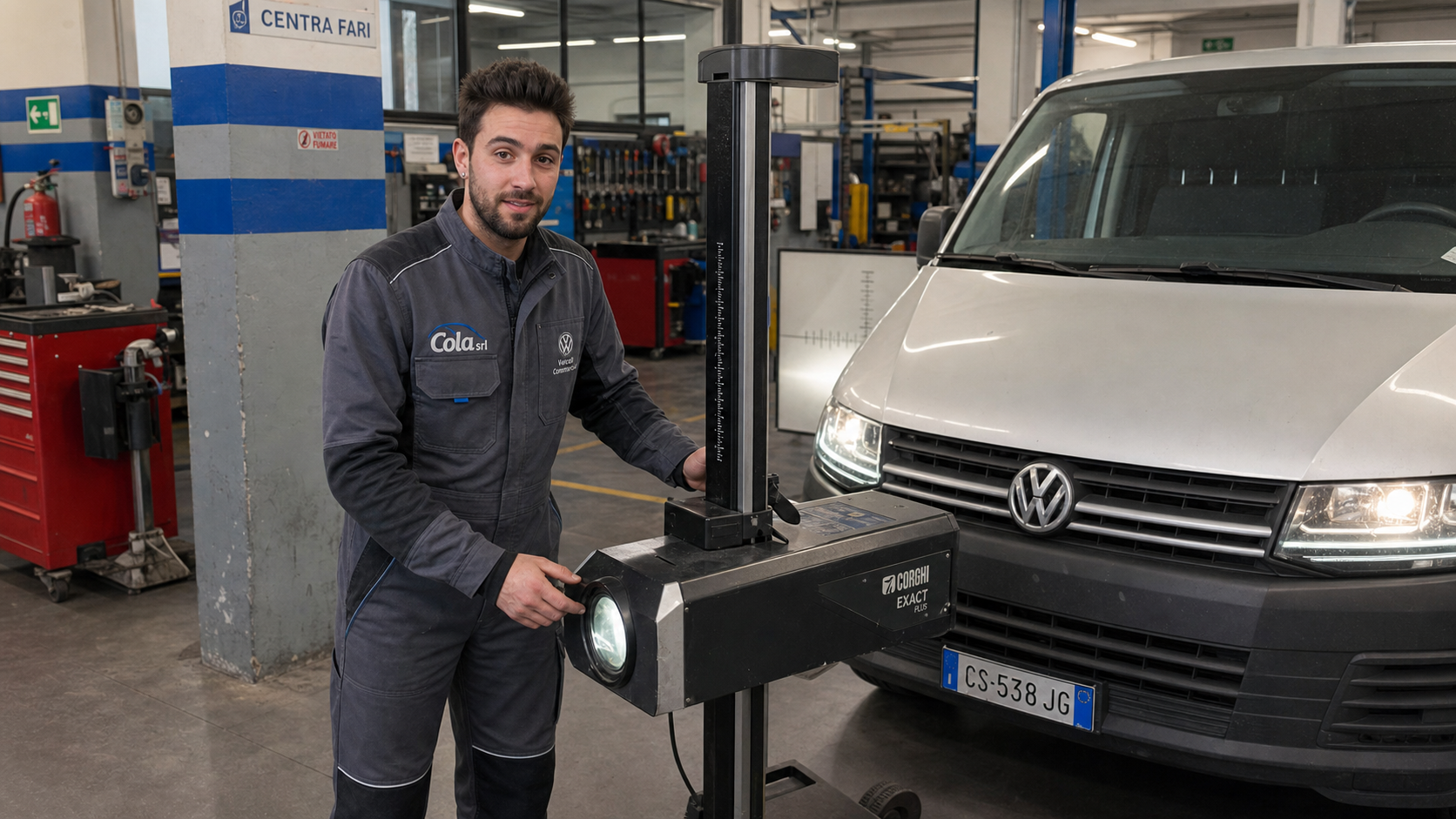 Tecnico Cola Srl alla postazione centra fari con van Volkswagen