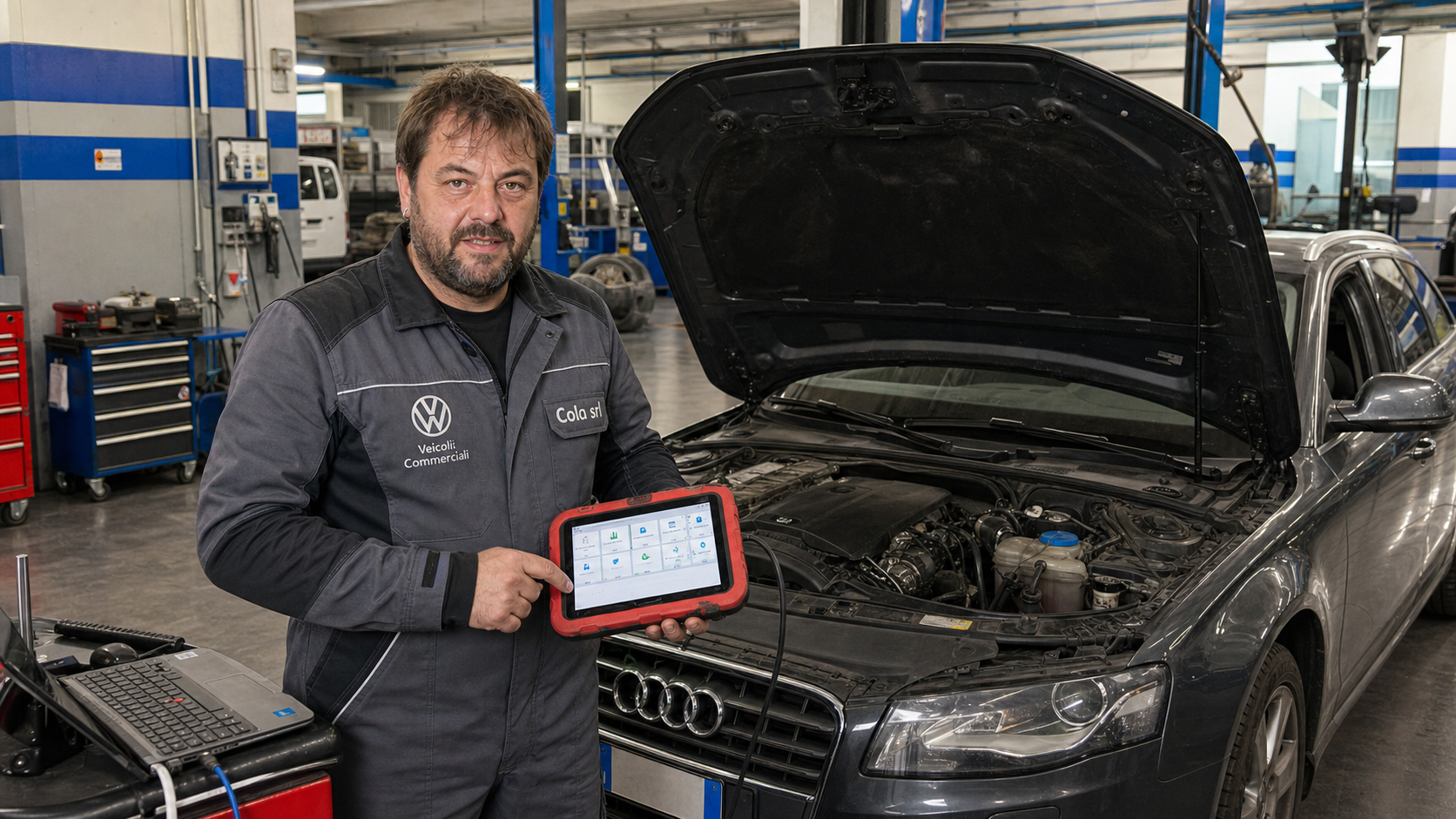 Tecnico Cola Srl con strumento di diagnosi multimarca accanto a un'auto