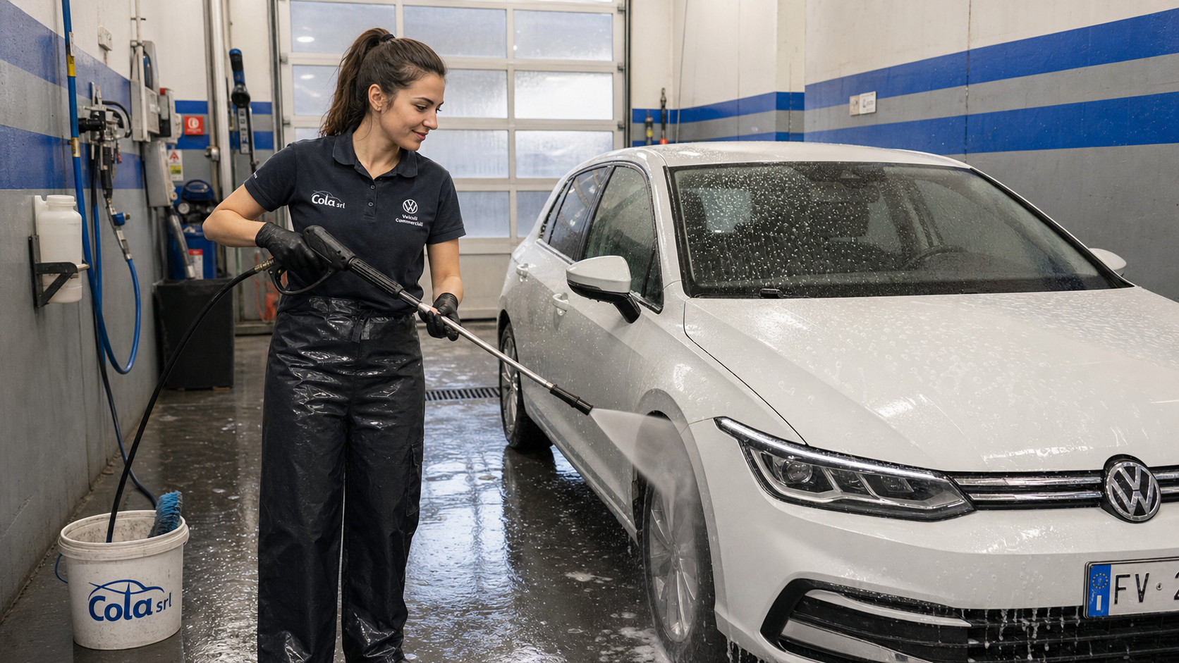 Operatrice Cola Srl lava una Volkswagen Golf con idropulitrice