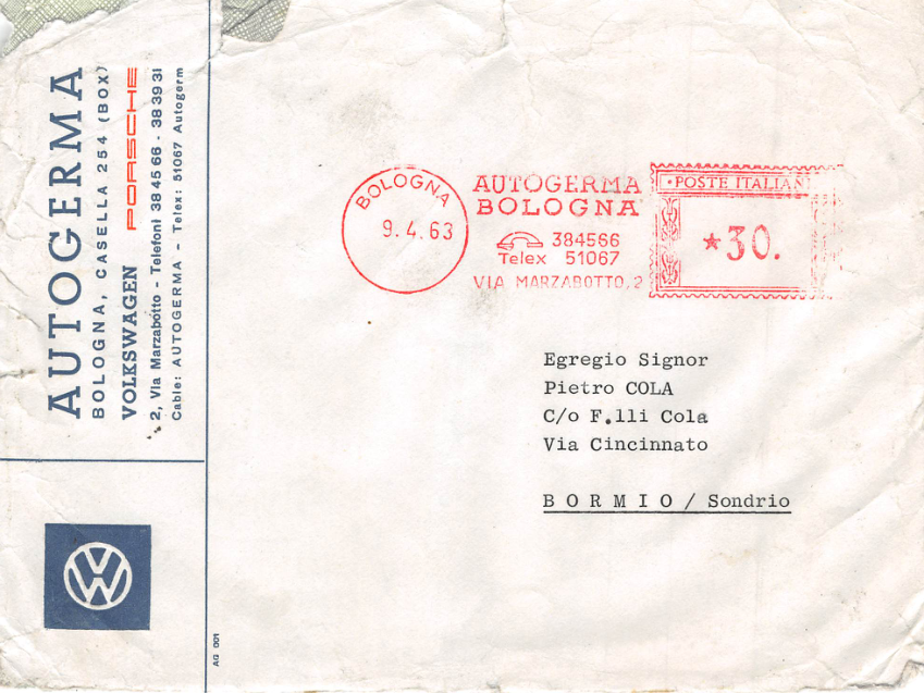Busta originale Autogerma con affrancatura postale del 9.4.63 spedita a Bormio