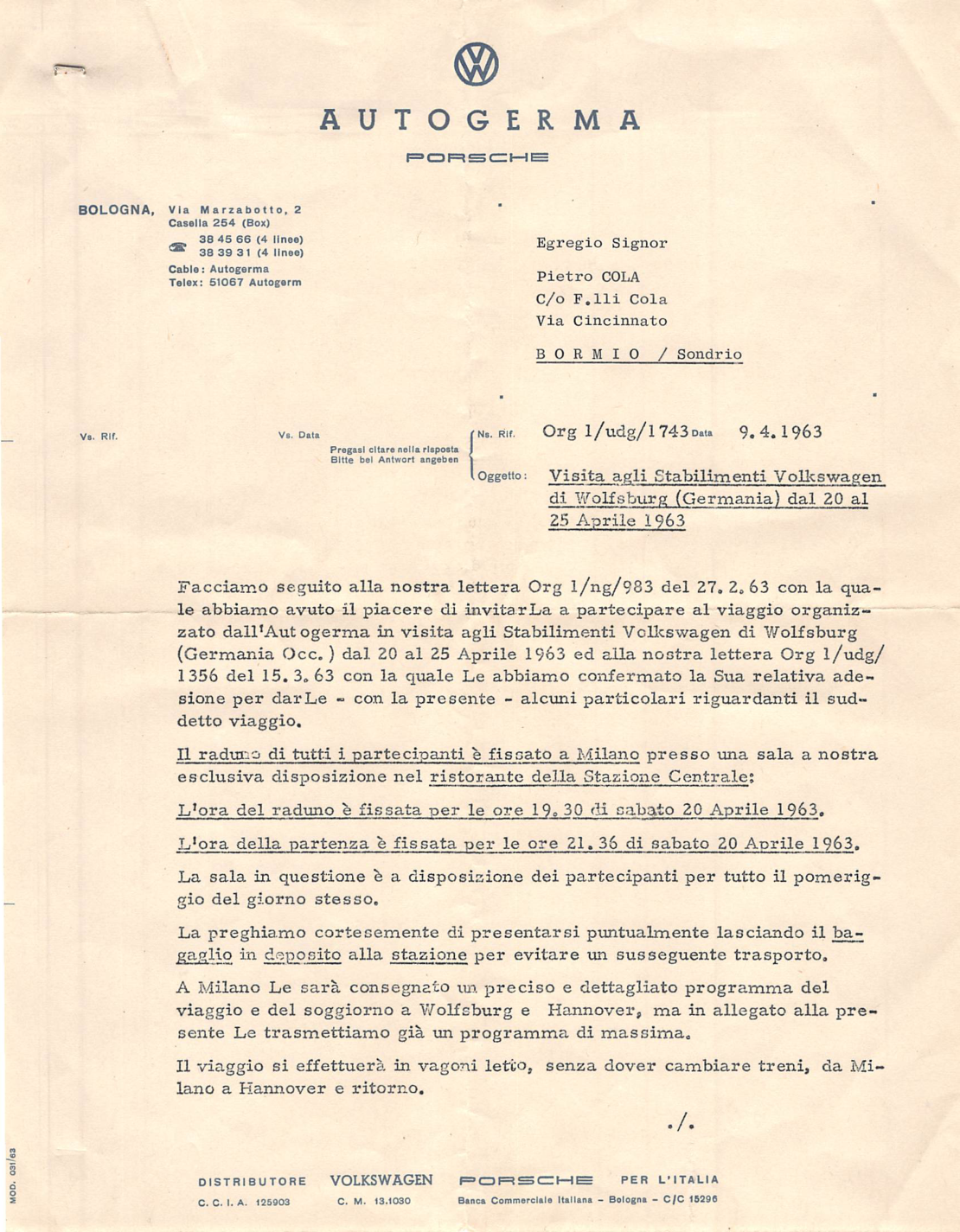 Lettera Autogerma del 9 aprile 1963 indirizzata a Pietro Cola, prima pagina
