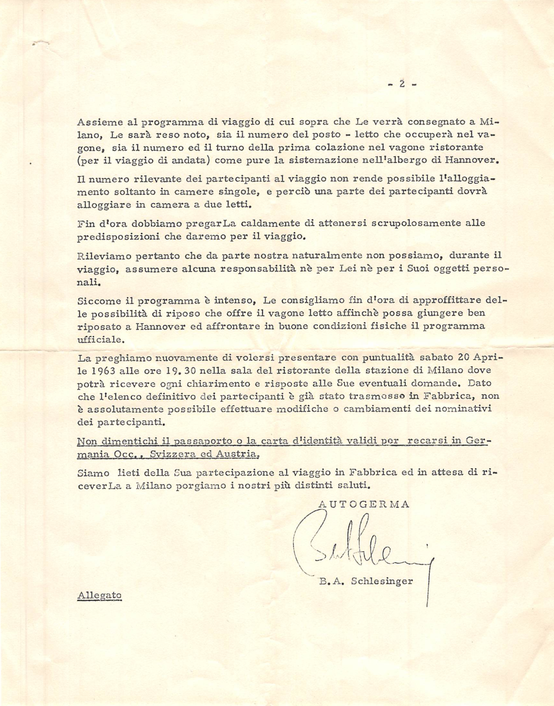 Seconda pagina della lettera Autogerma con la firma di B.A. Schlesinger